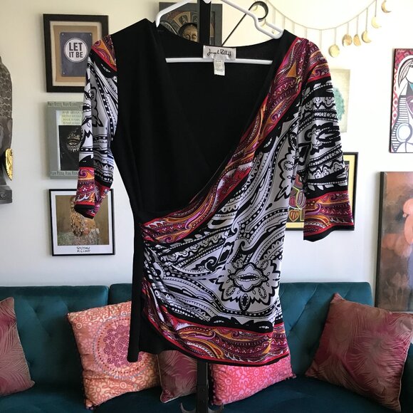 JOSEPH RIBKOFF size 8 Colorful Paisley Stretch Jersey 3/4 Sleeve Faux Wrap Top - Picture 1 of 4